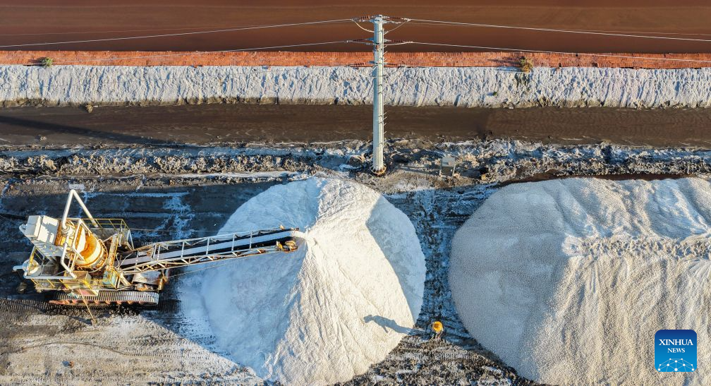 An aerial drone photo taken on Sept. 1, 2026 shows a salt farm in harvest season in Tangshan City, north China's Hebei Province. (Photo by Li Lei/Xinhua)