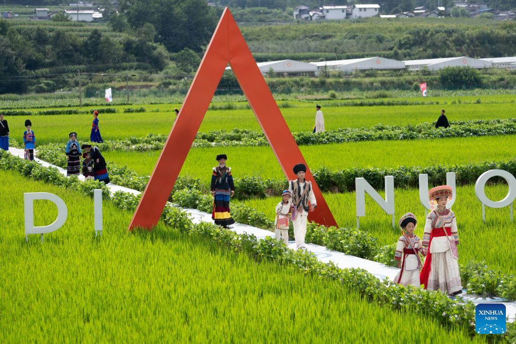 Models dressed in traditional ethnic costumes walk amid a rice field during a fashion show at Qietuo Village in Yuexi County of Liangshan Yi Autonomous Prefecture, southwest China's Sichuan Province, on Aug. 4, 2026. Sixty models from across the Liangshan Yi Autonomous Prefecture on Tuesday showcased traditional ethnic costumes and fashion creations here. (Xinhua/Jiang Hongjing)