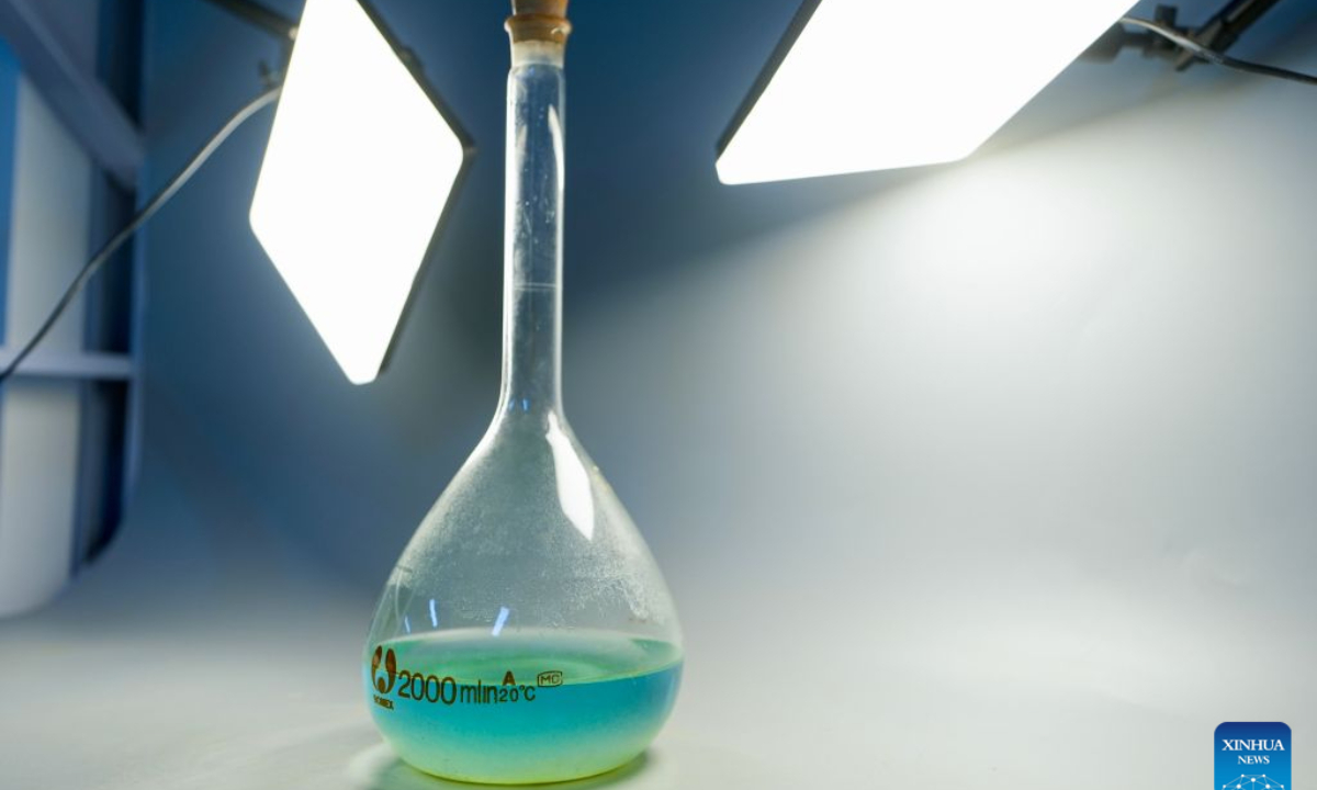 This photo taken on Aug. 10, 2026 shows a liquid sample collected from a bronze pot at the Ningxia Institute of Cultural Relics and Archaeology in Yinchuan, northwest China's Ningxia Hui Autonomous Region. (Xinhua/Yang Zhisen)