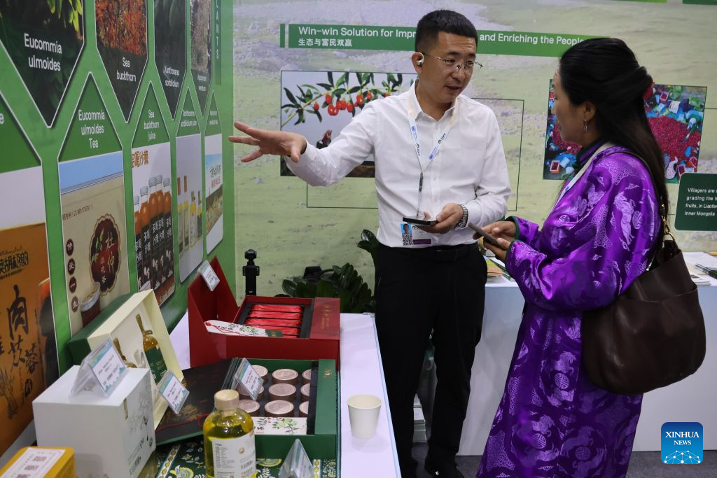 A staff member speaks with a visitor at the exhibition area of the China Corner in the Blue Zone of the 17th Session of the Conference of the Parties (COP17) to the United Nations Convention to Combat Desertification (UNCCD) in Ulan Bator, Mongolia, Aug. 17, 2026. The China Corner themed exhibition made its debut on Monday, showcasing China's experience and achievements in combating desertification. (Xinhua/Bolortsetseg)
