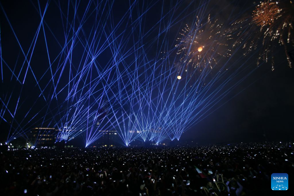 A fireworks display is put on for the upcoming Independence Day at the Zocalo Square in Mexico City, Mexico, Sept. 15, 2026. Various celebrations were held in Mexico to welcome the country's annual Independence Day, which falls on Sept. 16. (Photo by Francisco Canedo/Xinhua)