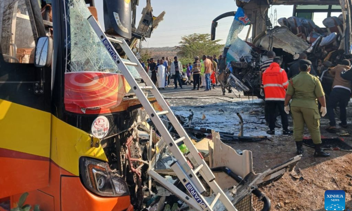 Photo taken on Aug. 2, 2026 shows a bus crash site in Dodoma Region, Tanzania. Eight people were killed and 66 others injured Sunday when two passenger buses collided in central Tanzania's Dodoma Region, authorities said. (Xinhua)
