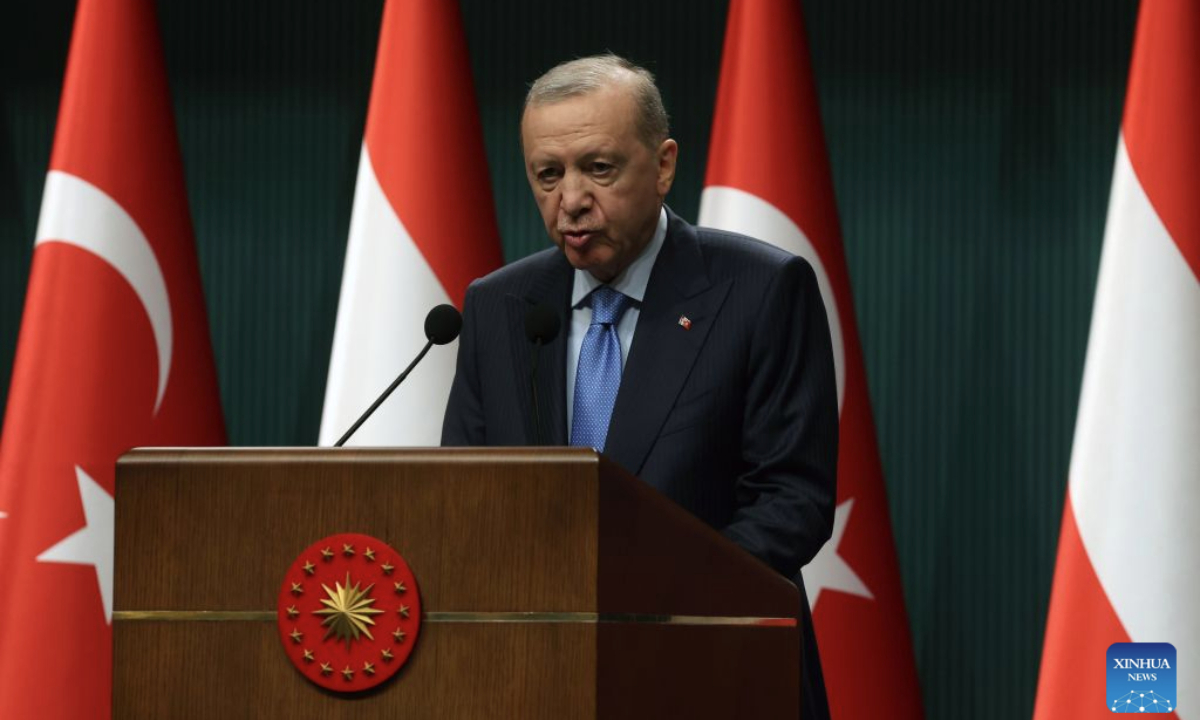 Turkish President Recep Tayyip Erdogan speaks at a joint press conference with visiting Austrian Chancellor Christian Stocker in Ankara, Türkiye, on Aug.10, 2026. Turkish President Recep Tayyip Erdogan and visiting Austrian Chancellor Christian Stocker highlighted great potential in bilateral cooperation during a live-streamed joint press conference here on Monday. (Mustafa Kaya/Handout via Xinhua)