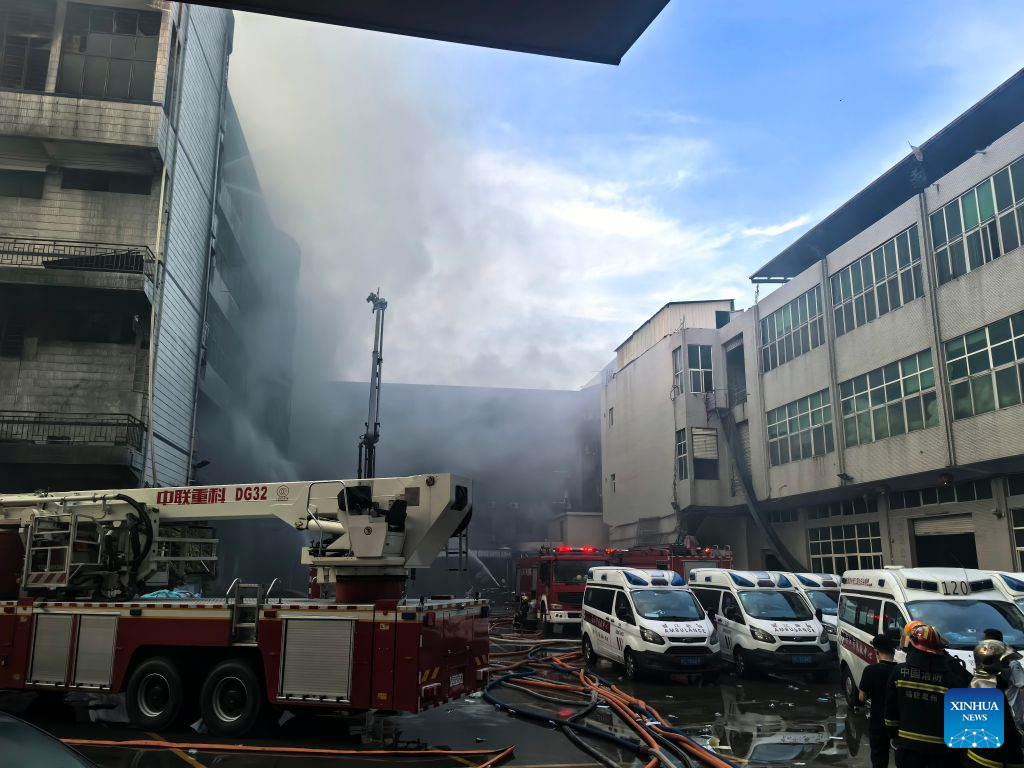 Firefighters work after a fire broke out at a shoe factory in Jiangtou Village, Chendai Township of Jinjiang City, southeast China's Fujian Province, on July 9, 2026. Twenty-eight people have been killed following a fire at a shoe factory in Jinjiang City on Thursday, local authorities said. (Xinhua/Wang Cheng)