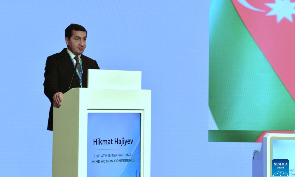 Hikmet Hajiyev, assistant to the Azerbaijani president and head of the Foreign Policy Affairs Department of the Presidential Administration, reads out an address from President Ilham Aliyev during the 4th International Mine Action Conference, in Baku, Azerbaijan, Sept. 2, 2026. The 4th International Mine Action Conference opened in Baku on Wednesday, bringing together more than 400 representatives from 60 countries to discuss how humanitarian demining can support safe urban recovery. (Xinhua/Chen Junfeng)