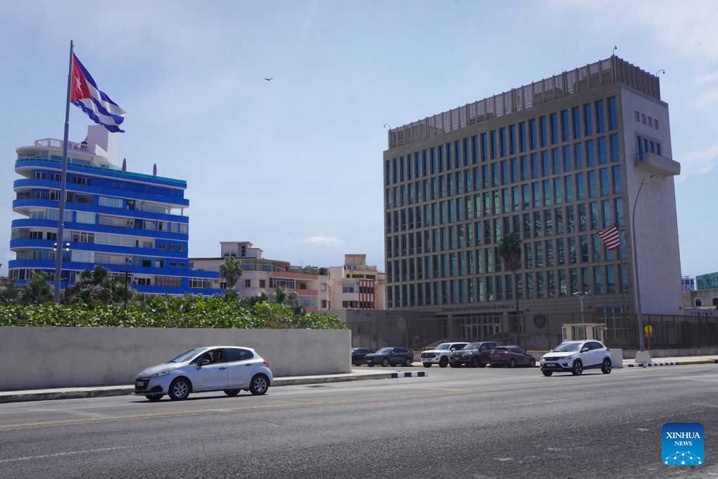 Photo taken on Aug. 25, 2026 shows the U.S. Embassy in Cuba in Havana, capital of Cuba, The Cuban government on Tuesday condemned the United States' decision to extend for another year economic, commercial and financial blockade against Cuba until September 2027. (Xinhua/Jiang Biao)