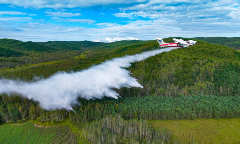 An AG600 large amphibious firefighting aircraft is seen during a?forest firefighting mission?in the Greater Hinggan Mountains, Northeast China’s Heilongjiang Province. File photo: Xinhua