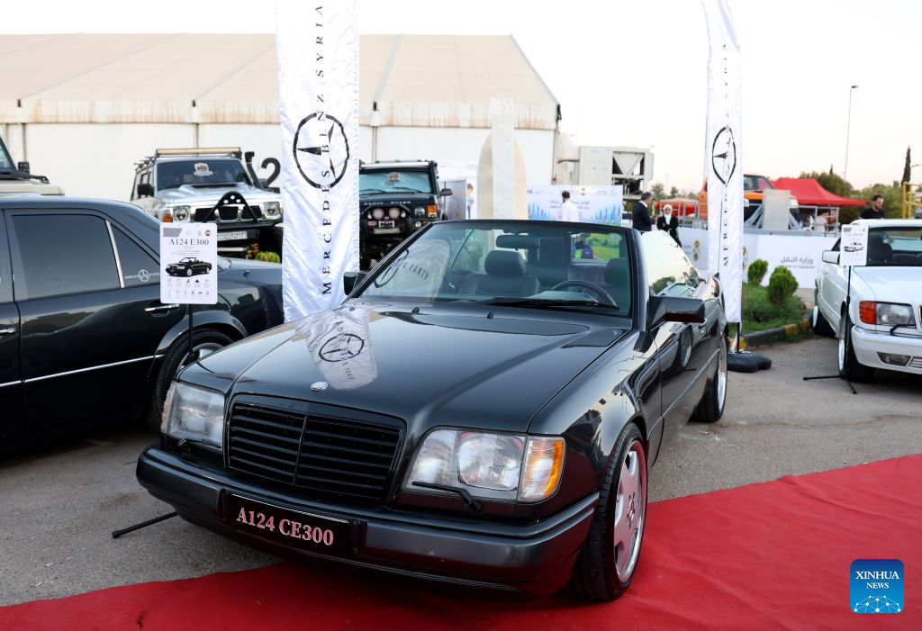 A classic Mercedes-Benz convertible is displayed during the 14th International Motor Show 2026 at the New Damascus Fairgrounds in Damascus, Syria, July 30, 2026. (Photo by Ammar Safarjalani/Xinhua)