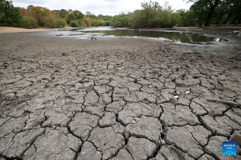 Dried and cracked bed of the Hollow Pond is pictured in London, Britain, on Aug. 18, 2026. In Britain, extreme dryness becomes a defining feature of the summer. Provisional data from the Met Office showed that England and Wales experienced their driest July on record, while nearly three-quarters of England was officially under drought conditions by Aug. 10. (Xinhua/Li Ying)