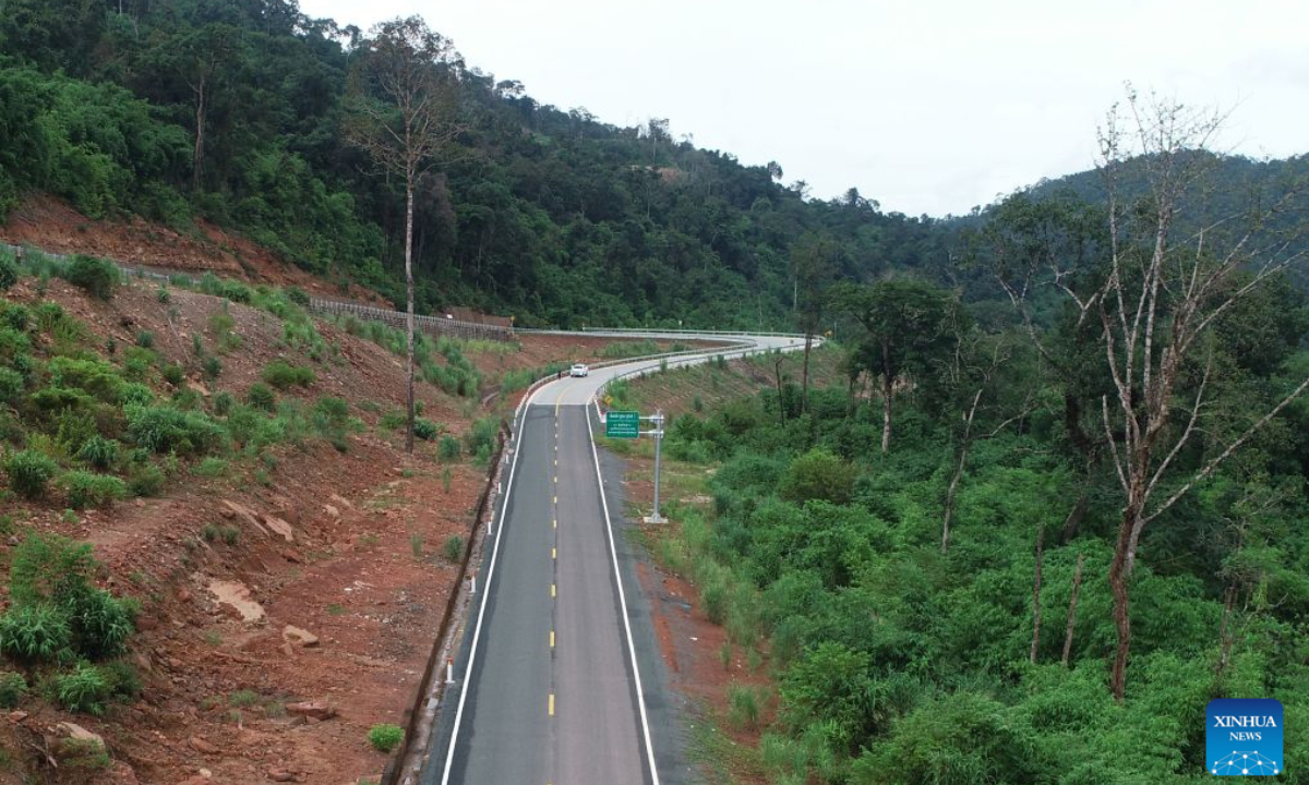 A drone photo taken on July 18, 2025 shows part of the National Road 10 in Pursat province, Cambodia. Cambodia on Thursday officially inaugurated the China-funded National Road 10, a major infrastructure project aimed at boosting regional trade and tourism following more than five years of construction. (Photo by Nitola/Xinhua)