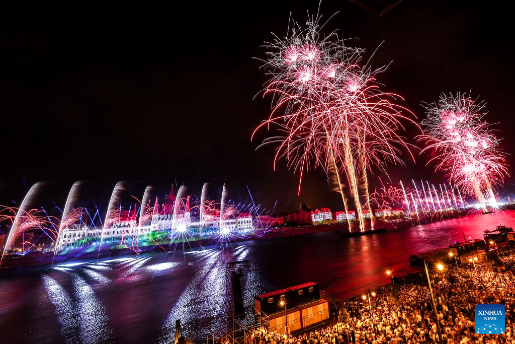 An evening show featuring fireworks, choreographed drone displays and light projections is held to celebrate the Hungarian national day in Budapest, Hungary, Aug. 20, 2026. (Photo by David Balogh/Xinhua)