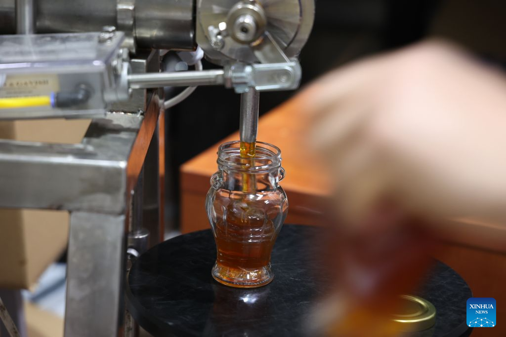 Honey products are seen at a honey shop in Kfar Chabad near Tel Aviv, Israel, Sept. 8, 2026. Apple slices dipped in honey are traditionally eaten during Rosh Hashanah to symbolize wishes for a sweet new year. Rosh Hashanah, the Jewish New Year, will begin at sunset on Sept. 11. (Photo by Gil Cohen Magen/Xinhua)