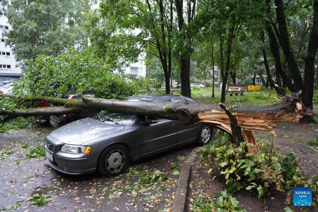 This photo taken on Aug. 23, 2026 shows the aftermath of a powerful storm in Riga, Latvia. A powerful cyclone swept northward across the three Baltic states on Saturday, killing two as strong winds, torrential rain and thunderstorms ravaged Lithuania, Latvia and Estonia. Meteorological data showed Saturday's storm was the most destructive to hit Latvia since January 2005. (Photo by Edijs Palens/Xinhua)
