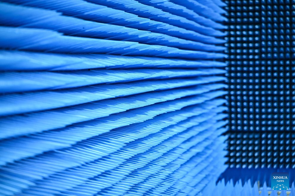 This photo taken on July 20, 2026 shows a view inside an anechoic chamber for antenna testing at Guoyu Starry Sky Technology Co., Ltd. in the high-tech zone of Wuxi, east China's Jiangsu Province. Guoyu Starry Sky Technology Co., Ltd. specializes in the design and manufacturing of satellites. Its intelligent production line for commercial satellites can produce more than 150 units annually, each weighing between 200 kg and 500 kg. (Xinhua/Chen Yehua)