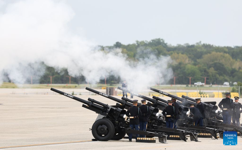 A gun salute is fired to welcome Chinese President Xi Jinping upon his arrival at Joint Base Andrews for a state visit to the United States at the invitation of U.S. President Donald Trump, Sept. 23, 2026. (Xinhua/Yao Dawei)