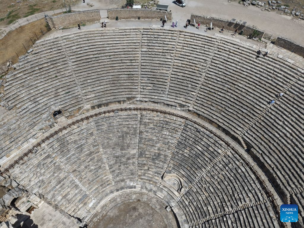 An aerial drone photo taken on Aug. 25, 2026 shows the ruins of the ancient city of Hierapolis in Denizli, Türkiye. The ruins of Hierapolis was listed as a UNESCO World Heritage Site in 1988. (Mustafa Kaya/Handout via Xinhua)