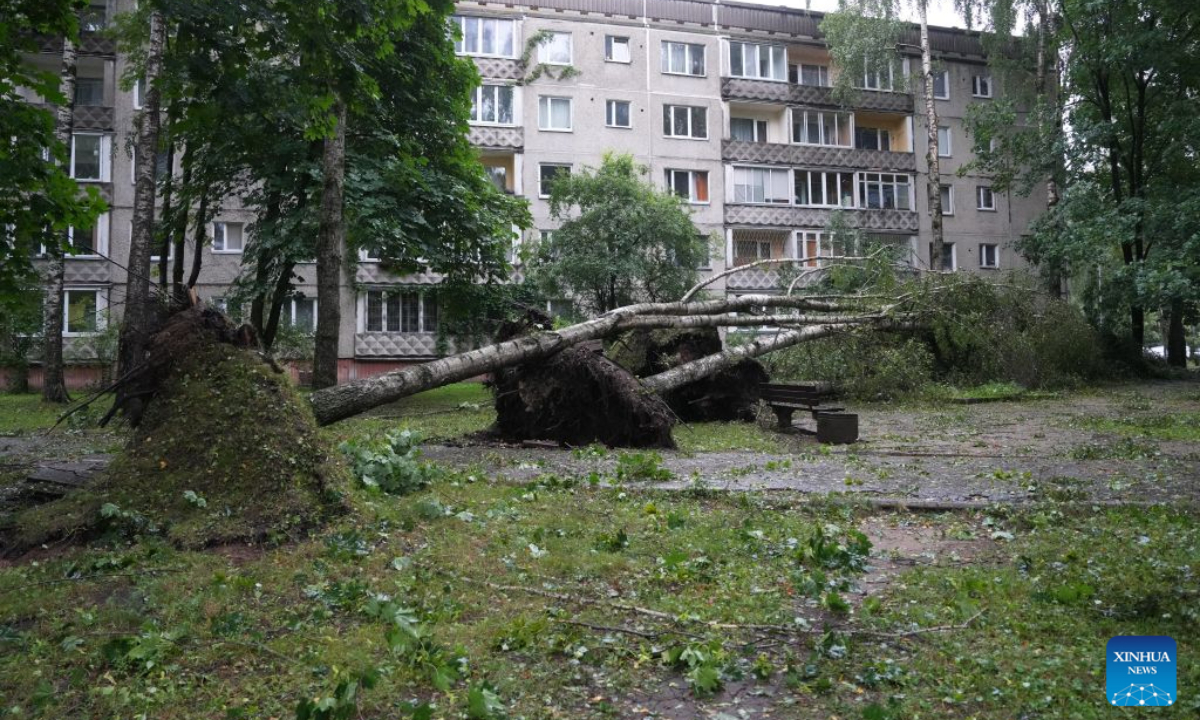 This photo taken on Aug. 23, 2026 shows the aftermath of a powerful storm in Riga, Latvia. A powerful cyclone swept northward across the three Baltic states on Saturday, killing two as strong winds, torrential rain and thunderstorms ravaged Lithuania, Latvia and Estonia.

Meteorological data showed Saturday's storm was the most destructive to hit Latvia since January 2005. (Photo by Edijs Palens/Xinhua)