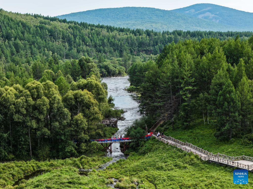 An aerial drone photo taken on July 28, 2026 shows a view of the Arxan National Forest Park in Arxan of Hinggan League, north China's Inner Mongolia Autonomous Region. (Xinhua/Li Zhipeng)