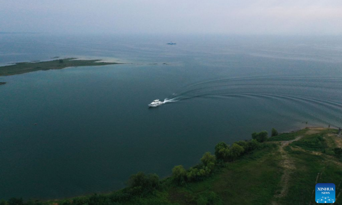 An aerial drone photo taken on Aug. 20, 2026 shows a view of the Danjiangkou Reservoir in Nanyang, central China's Henan Province. (Photo by Kong Weijia/Xinhua)