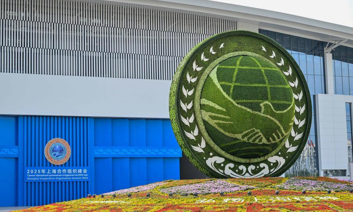 This photo taken on Aug. 30, 2025 shows an exterior view of the main venue of the Shanghai Cooperation Organization (SCO) Summit 2025 in Tianjin, north China. (Xinhua/Sun Fanyue)