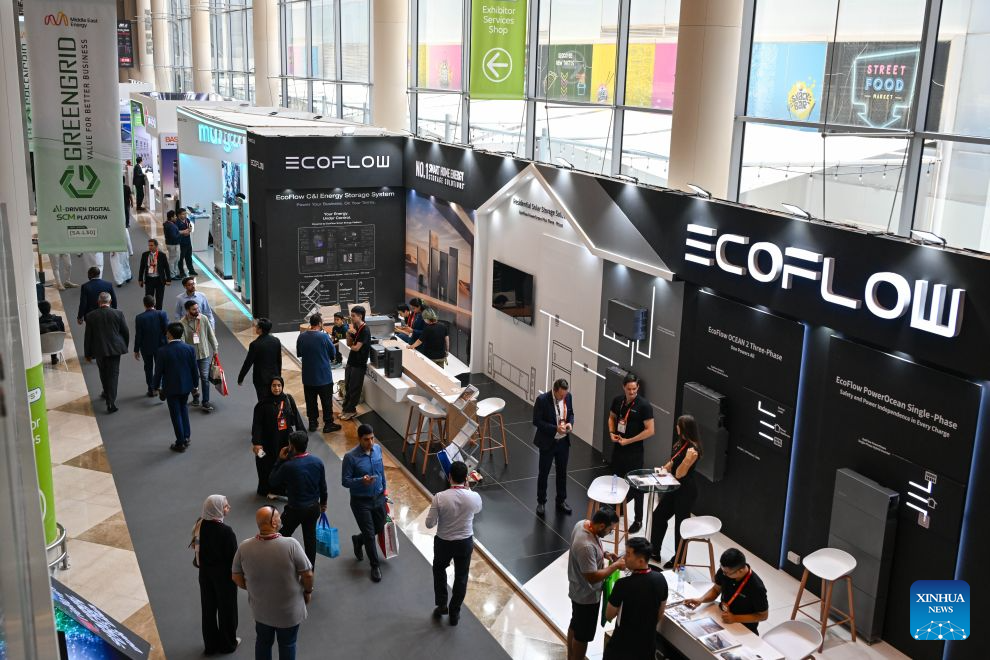 People visit the booth of EcoFlow during Middle East Energy 2026 at Dubai World Trade Center in Dubai, the United Arab Emirates. The three-day Middle East Energy 2026 opened here Tuesday. (Xinhua/Wang Zecong)