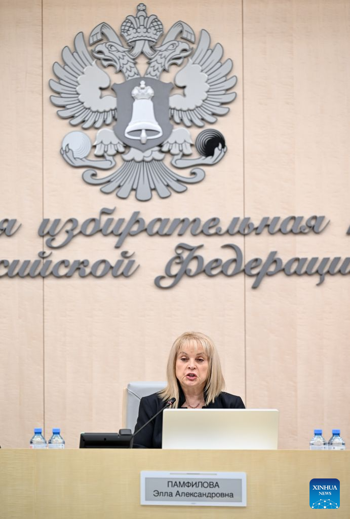 Russian Central Election Commission Chairperson Ella Pamfilova introduces the turnout of the election for the 9th State Duma during a press conference in Moscow, Russia, Sept. 21, 2026. Preliminary results show the ruling United Russia party won 57.83 percent of the votes in the election for the 9th State Duma, the lower house of parliament, Russian Central Election Commission Chairperson Ella Pamfilova told a press conference Monday. (Xinhua/Feng Kaihua)