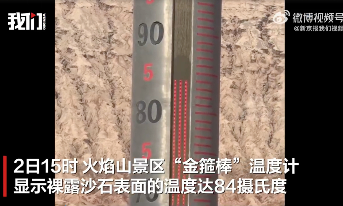 The giant “Golden Cudgel” thermometer at the Flaming Mountains scenic area in Turpan, Northwest China’s Xinjiang Uygur Autonomous Region, shows that the temperature of the exposed sand and rock surface reached 84 C at 3 pm on July 2, 2026, setting a new record for the highest ground surface temperature in the area since the start of this summer. Photo: Screenshot from Sina Weibo