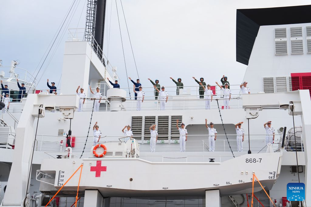 The Chinese People's Liberation Army (PLA) Navy hospital ship, Auspicious Ark, departs from a port in Qingdao, east China's Shandong Province, on July 22, 2026. The Chinese navy hospital ship departed from a port in Qingdao on Wednesday for a humanitarian medical service mission in Africa and South Asia. (Photo by Liu Zaiyao/Xinhua)