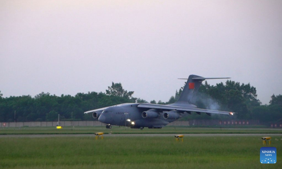 A Y-20 transport aircraft of the western theater command takes off at an airport in southwest China on Aug. 27, 2026. A directing group from the Western Theater Command of the Chinese People's Liberation Army (PLA) has been dispatched to the Xizang Autonomous Region in southwest China on Thursday morning to coordinate joint rescue operations by military personnel in mudslide-hit Gyirong County. Carried by the Y-20 transport aircraft of the western theater command, the group will organize military forces to assist in disaster relief efforts. (Photo by Song Zhengsheng/Xinhua)