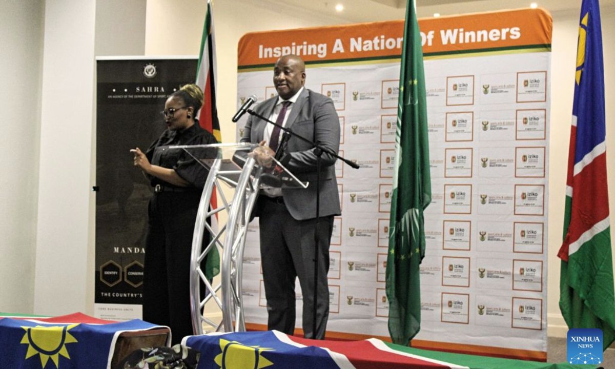 South African Minister of Sport, Arts and Culture Gayton McKenzie (R) speaks during a repatriation ceremony at the Iziko South African Museum in Cape Town, South Africa, Aug. 19, 2026.(Photo by Shakirah Thebus/Xinhua)