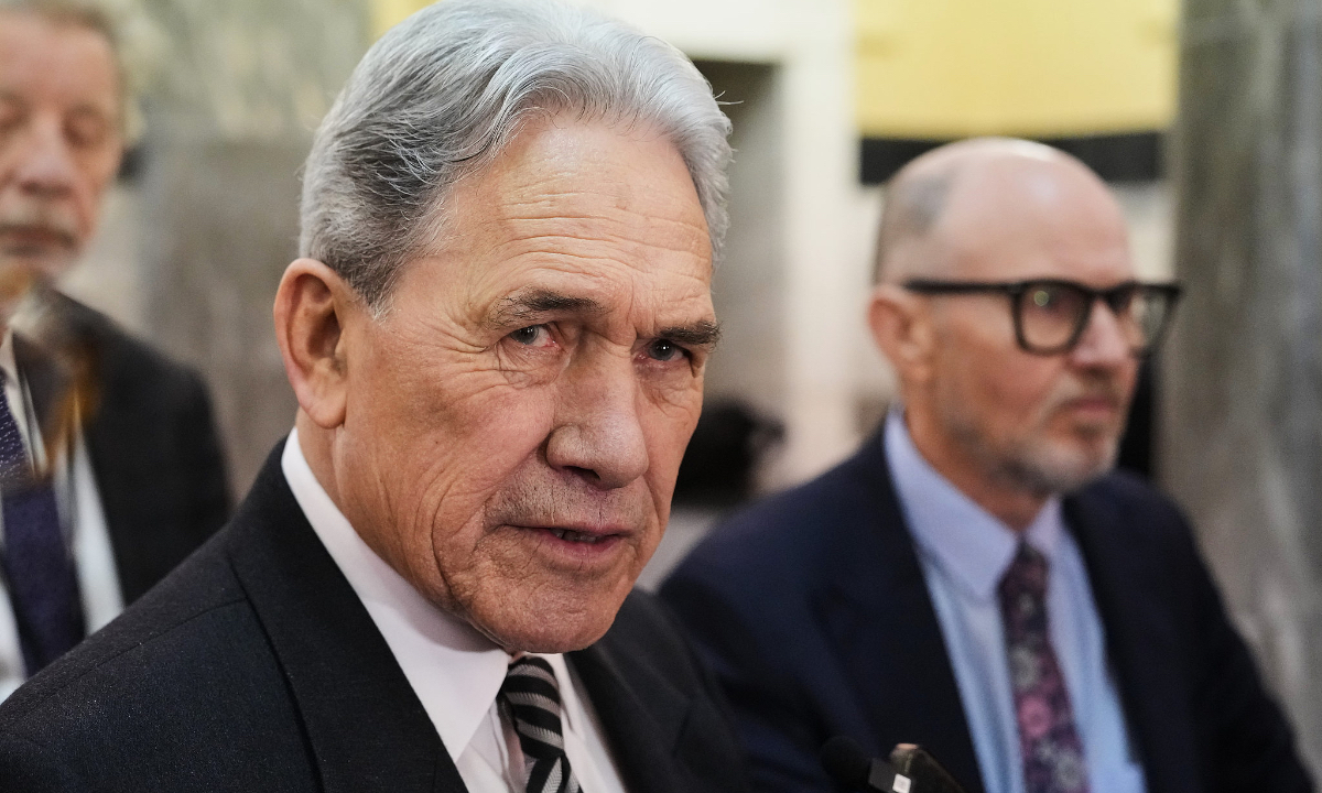 New Zealand Foreign Minister and NZ First MP Winston Peters speaks to reporters at Parliament in Wellington, New Zealand, on June 25 2026. Photo: VCG