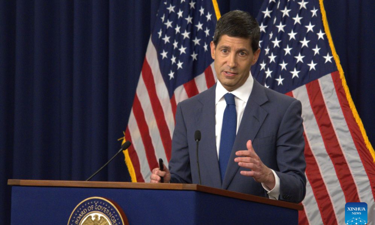 U.S. Federal Reserve Chair Kevin Warsh attends a press conference in Washington, D.C., the United States, July 29, 2026. The U.S. Federal Reserve on Wednesday kept the target range for the federal funds rate unchanged at 3.5 to 3.75 percent, as widely expected by the market. The move marks the Fed's fifth monetary policy meeting in a row with a wait-and-see stance, while expectations for an interest rate hike build up for the coming months. (Photo by Li Yuanqing/Xinhua)