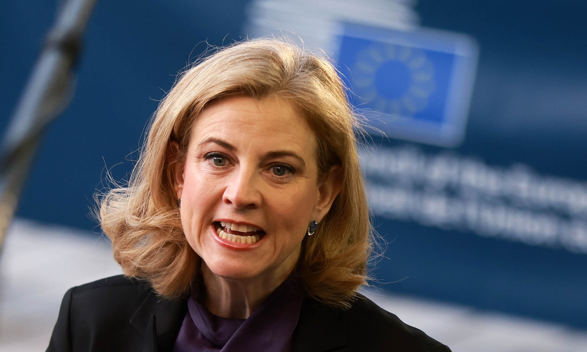 Austrian Foreign Minister Beate Meinl-Reisinger speaks to the media during a European Foreign Affairs Council in Luxembourg City, Luxembourg, 14 April 2025. Photo:  VCG