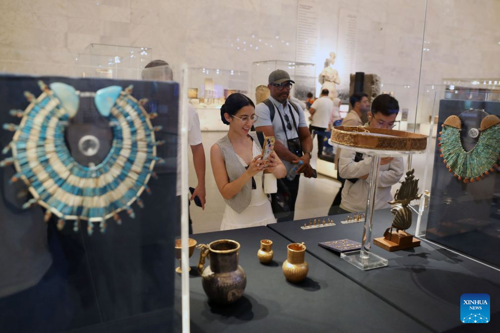 Tourists view exhibits at the National Museum of Egyptian Civilization on the occasion of World Tourism Day in Cairo, Egypt, on Sept. 27, 2026. (Xinhua/Ahmed Gomaa)