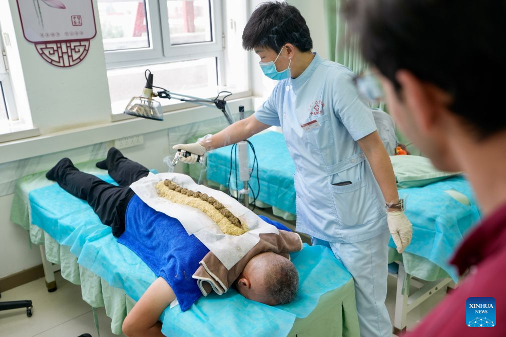 Mohammad Abdi learns about a traditional Chinese medical treatment therapy at Ningxia Chinese Medicine Research Center in Yinchuan, northwest China's Ningxia Hui Autonomous Region, on Aug. 15, 2026. (Xinhua/Yang Zhisen)