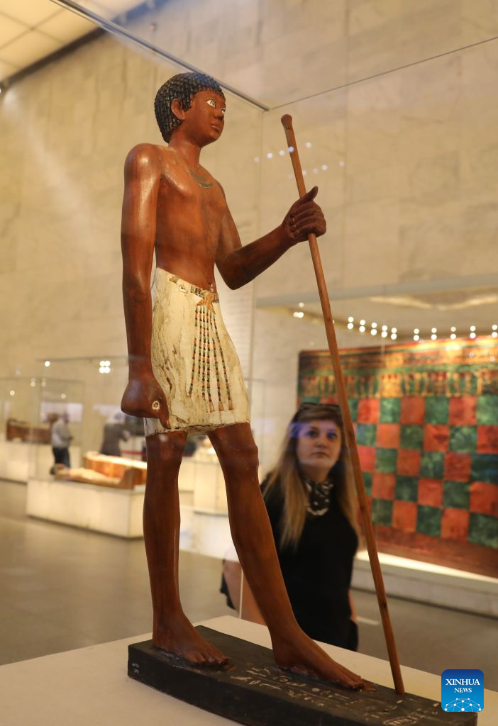 A tourist views an exhibit at the National Museum of Egyptian Civilization on the occasion of World Tourism Day in Cairo, Egypt, on Sept. 27, 2026. (Xinhua/Ahmed Gomaa)