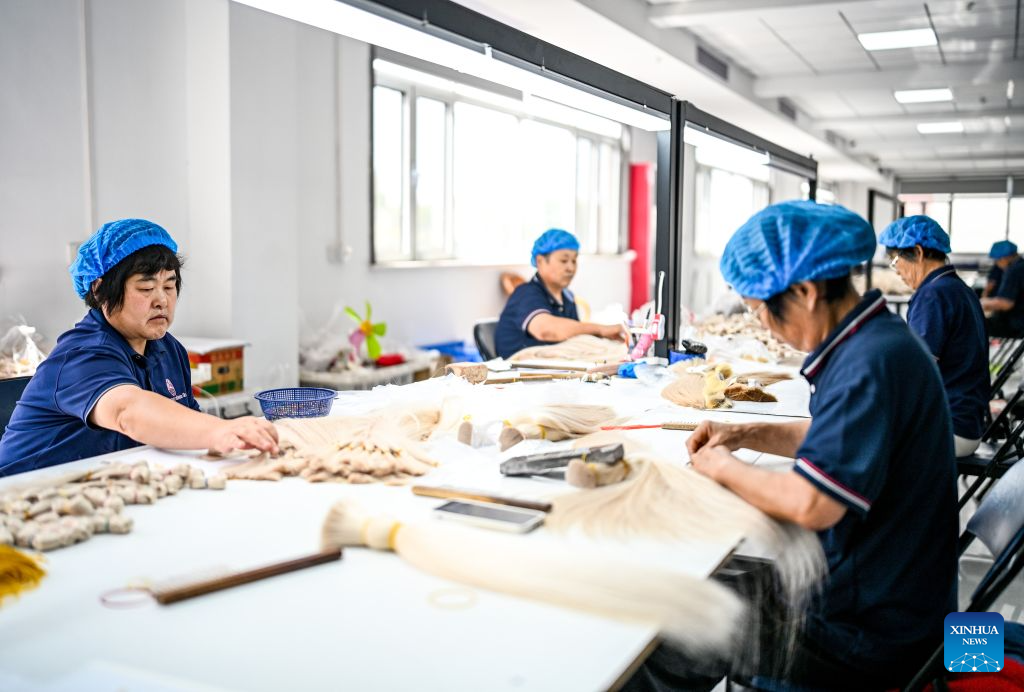 Staff members work on hair products at Juancheng Changshunfa Hair Product Co., Ltd. in Juancheng County of Heze City, east China's Shandong Province, Sept. 17, 2026. In recent years, Juancheng County has taken multiple measures to promote the high-quality development of its hair products industry, establishing a complete industrial chain that integrates raw material procurement, product processing, and export trade. Hair products from Juancheng are exported to North America, Europe, Africa, and other regions. The hair products industry has become a leading sector driving local industrial growth and increasing residents' incomes. (Xinhua/Chen Yehua)