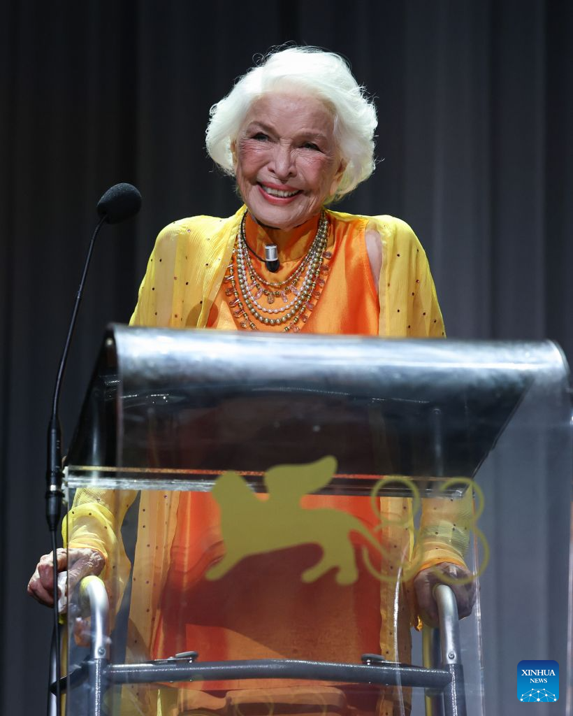 Actress Ellen Burstyn reacts during the awarding ceremony of the Golden Lion for Lifetime Achievement at the 83rd Venice International Film Festival in Venice, Italy, Sept. 7, 2026. (Xinhua/Wang Kaiyan)