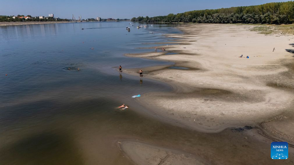 This aerial drone photo taken on Aug. 4, 2026 shows the exposed riverbed of the Danube River near Vukovar, Croatia after a prolonged heatwave. (Davor Javorovic/PIXSELL via Xinhua)