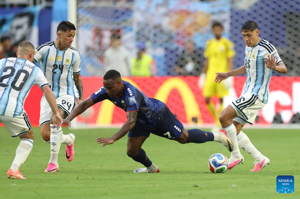 Jovane Cabral (2nd R) of Cabo Verde falls during the round of 32 match between Argentina and Cabo Verde at the 2026 FIFA World Cup at Miami Stadium, Miami, the United States, July 3, 2026. (Xinhua/Xu Zijian)