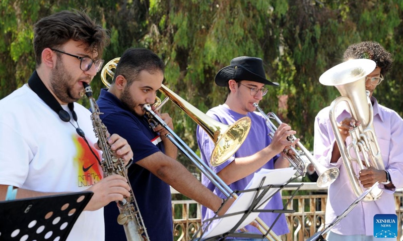 Members of a Syrian jazz band perform during a celebration marking World Music Day in central Damascus, Syria, on June 21, 2026. (Photo by Ammar Safarjalani/Xinhua)