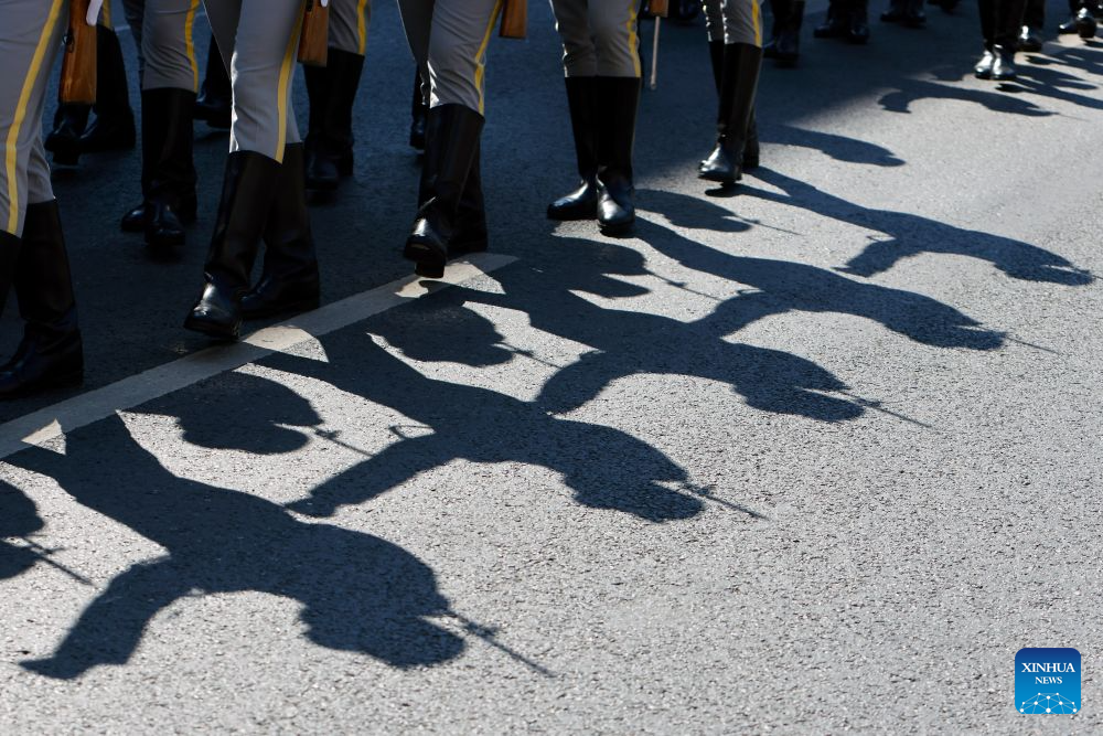 Soldiers of an honor guard march during ceremonies marking the National Anthem Day in Bucharest, Romania, July 29, 2026. (Photo by Cristian Cristel/Xinhua)