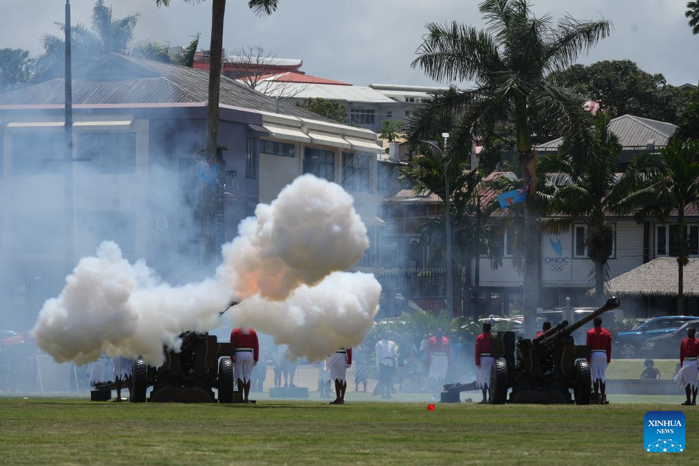 A gun salute is fired during the Fiji Day celebrations at Albert Park in Suva, Fiji, Oct. 10, 2026. October 10 marks Fiji's national day, also known as Fiji Day. (Xinhua/Bai Yongquan)