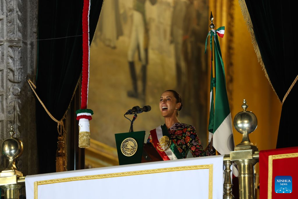 Mexican President Claudia Sheinbaum attends celebrations for the upcoming Independence Day in Mexico City, Mexico, Sept. 15, 2026. Various celebrations were held in Mexico to welcome the country's annual Independence Day, which falls on Sept. 16. (Photo by Francisco Canedo/Xinhua)