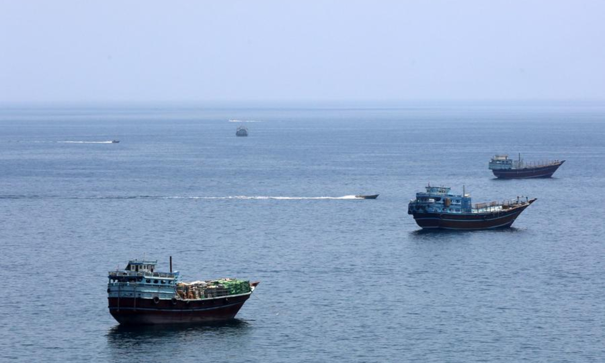 This photo, taken on June 20, 2026, shows the Strait of Hormuz near Khasab, a small town in northern Oman. (Xinhua/Wen Xinnian)
