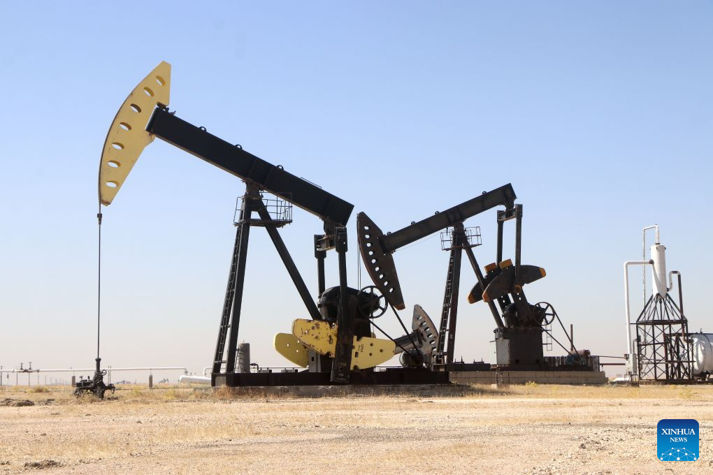 Pumpjacks are seen at the Rmelan oil fields in Hasakah province, northeastern Syria, Aug. 4, 2026. Officials said rehabilitation projects are expected to modernize production facilities and gradually raise output at the country's largest oil fields. (Str/Xinhua)
