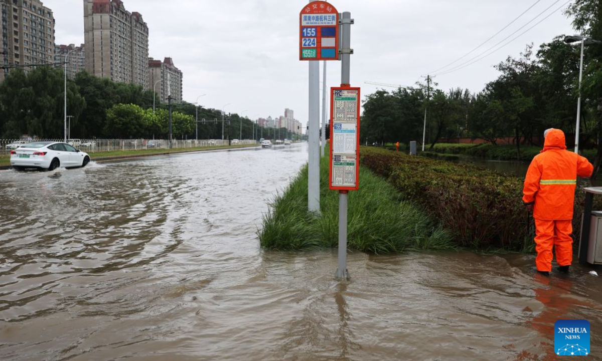 A waterlogged street is seen in Shenyang, northeast China's Liaoning Province, Aug. 24, 2026. Heavy to torrential rains lashed southeastern Liaoning from 8 a.m. Sunday to 11 a.m. Monday, with downpours in some areas, while northern and western parts of the province saw light to moderate rain and localized heavy to torrential rains in a few spots. Red alerts for torrential rain remain in effect across multiple parts of Liaoning. As of 6 a.m. Monday, nine cities had activated flood emergency responses, according to the provincial flood control and drought relief headquarters. (Xinhua/Li Gang)