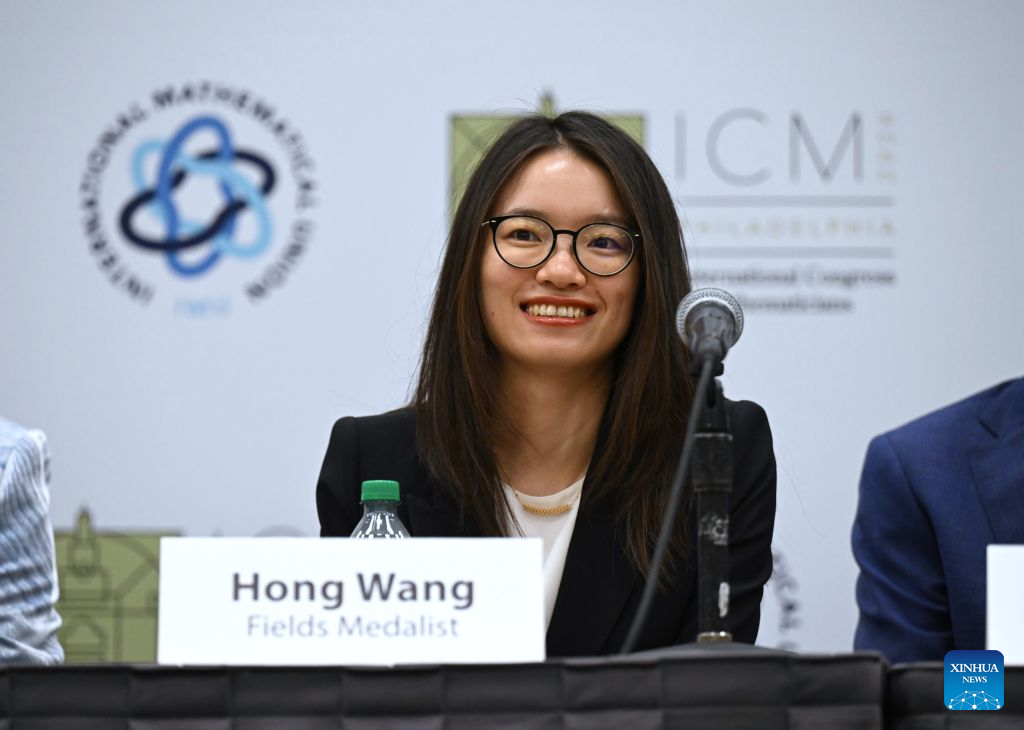Chinese mathematician Wang Hong attends a press conference after the opening ceremony of the 2026 International Congress of Mathematicians in Philadelphia, the United States, July 23, 2026. Chinese mathematicians Deng Yu and Wang Hong were awarded the Fields Medals at the opening ceremony of the 2026 International Congress of Mathematicians held here on Thursday, marking the first time Chinese mathematicians have won the prestigious honor. The other recipients of the 2026 Fields Medals are American John Pardon and Canada's Jacob Tsimerman. (Xinhua/Li Rui)