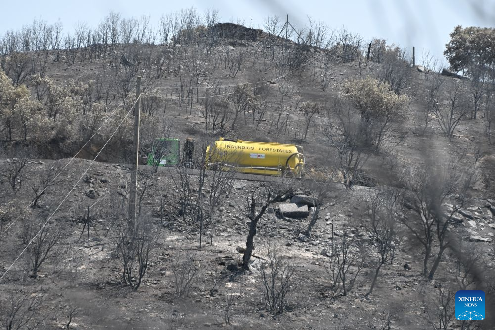 A water tanker is seen in the Madrid region, Spain, July 29, 2026. Spanish Prime Minister Pedro Sanchez announced on Thursday the end of the national emergency declared over wildfires in the province of Avila and the Madrid region, as fires in the two areas have largely stabilized, while blazes remain active elsewhere amid a new heatwave and strong winds. (Xinhua/Cheng Min)