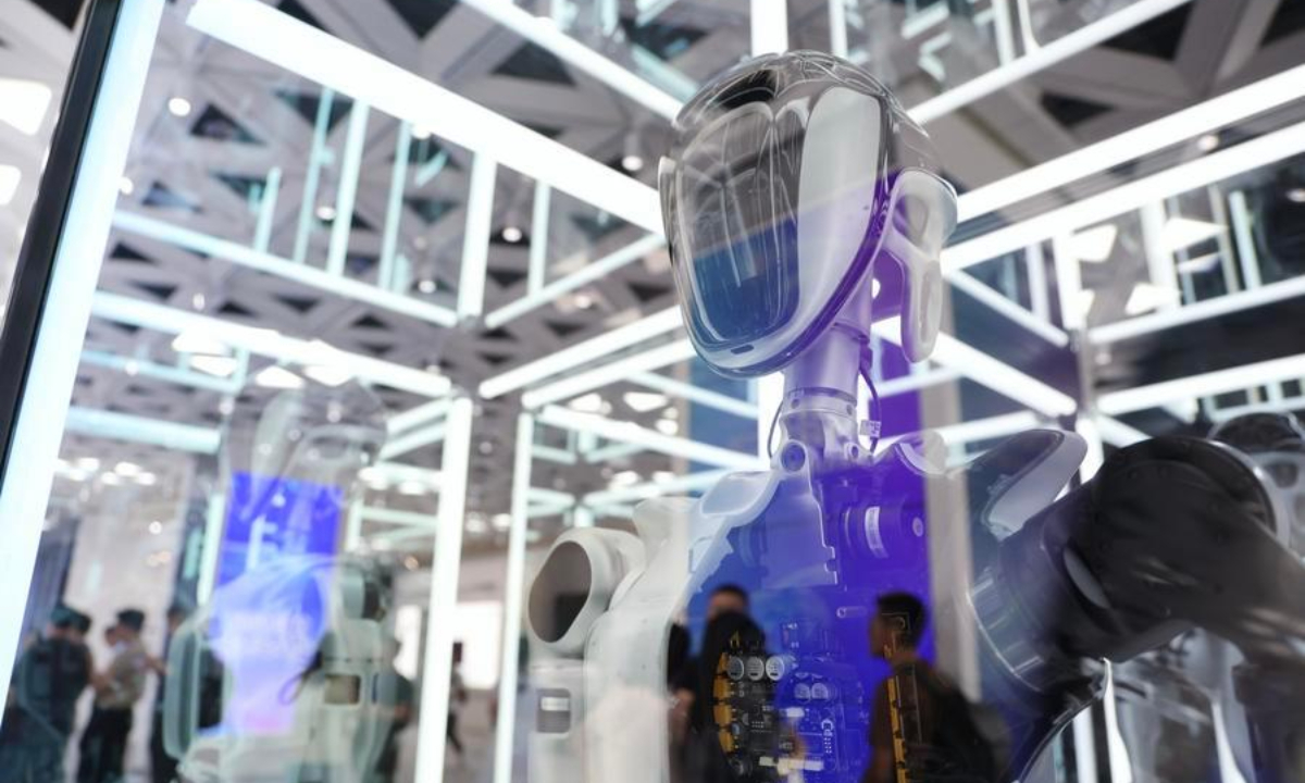 This photo taken on July 4, 2026 shows an embodied intelligence robot displayed at AIR Design House in Shenzhen, south China's Guangdong Province. (Xinhua/Liang Xu)